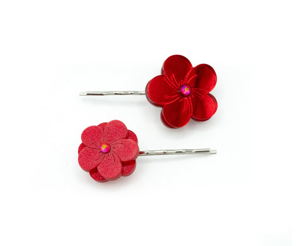 Set of Bobby Pins Red Flowers